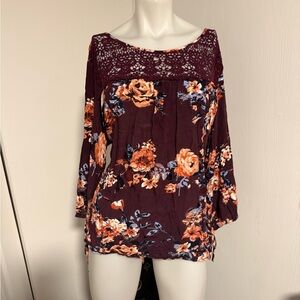 2/$7 Warehouse Burgundy Floral Lace Blouse Sz 3x